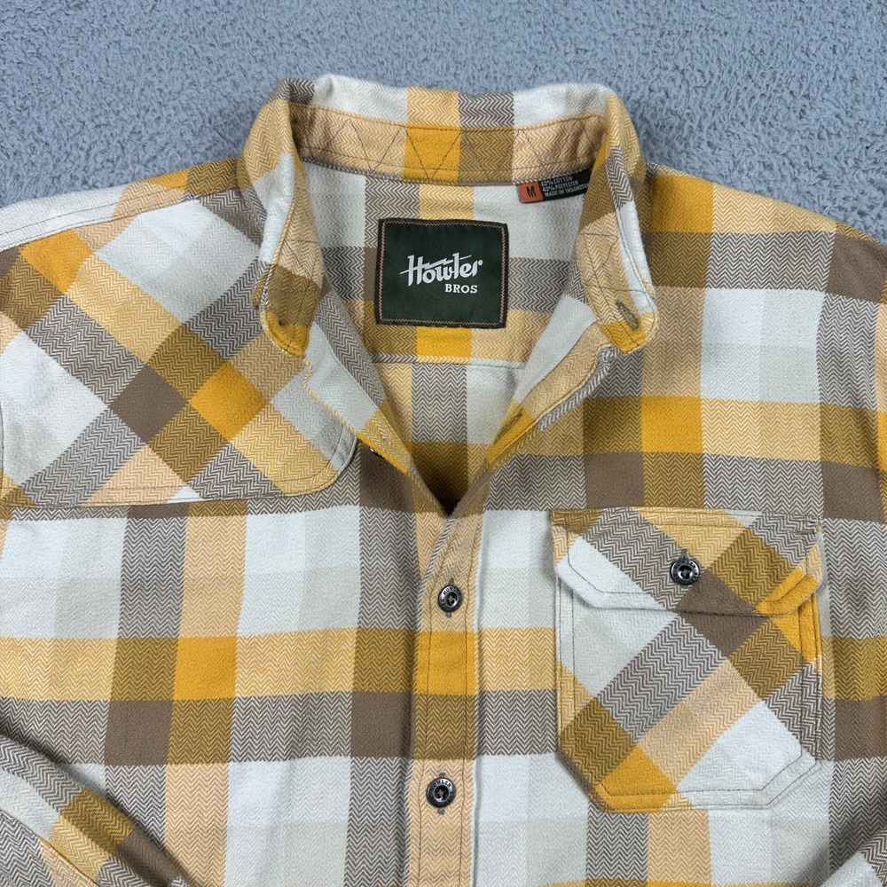 Howler Bros Harkers Flannel Shirt Mens Medium Yellow Brown Plaid Heavyweight - Picture 3 of 14